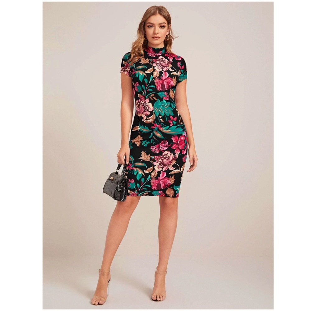 Floral Pattern Black Slim Dress Knee Length - Picture 2 of 9